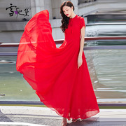 夏季红色雪纺连衣裙女长款到脚踝2024年时尚超长显瘦大摆裙子