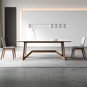 亮光岩板餐桌定制现代轻奢高端进口实木，白蜡木胡桃色长方形餐桌椅