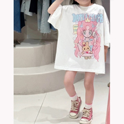 夏季女童韩范甜美卡通上衣洋气美人鱼印花亲子装宽松大版短袖T恤