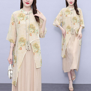新中式女装假两件连衣裙女复古印花长裙大码遮肚显瘦半袖裙子夏季