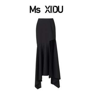 msxidu暗黑系设计感黑色，不规则半身裙春夏，款街拍荷叶边高腰女裙