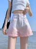 粉色短裤女夏季牛仔，阔腿2023年超高腰薄款显瘦热裤，扎染宽松潮