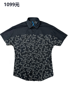 一线品牌1099元男时尚纯棉，短袖衬衫透气舒适修身微弹力纯黑色尖领