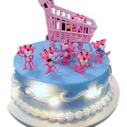 粉红豹生日蛋糕装饰摆件网红购物车小推车玩具，顽皮豹公仔烘焙插件