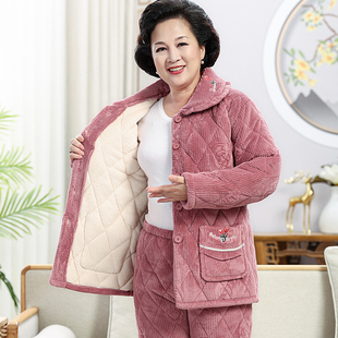 女士秋冬季棉袄睡衣中老年人，三层加厚加珊瑚，绒保暖妈妈套装家居服