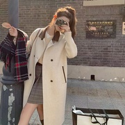 韩系米色大衣女中长款2023秋冬气质高级感慵懒风加厚毛呢外套