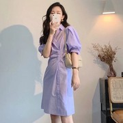 紫色polo领衬衫格子连衣裙子收腰显瘦别致独特法式气质夏季4438