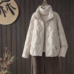 冬季立领白鸭绒(白鸭绒)羽绒服，女款2023年韩版菱格休闲防风纯色短外套
