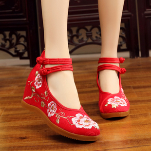 老北京女布鞋高跟，绣花鞋民族风内增高女鞋坡跟，新娘单鞋软底舞蹈鞋