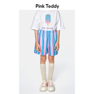 PinkTeddy童装女童粉蓝条纹短裤夏季宽松印花儿童舒适百搭裤子