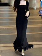 鱼尾长裙秋冬季女装2023黑色赫本风气质连衣裙子高级感包臀裙