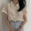 韩国chic夏季减龄小众设计感镂空polo领蕾丝，短袖衬衣女泡泡袖上衣