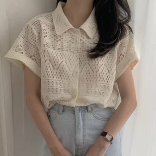 韩国chic夏季减龄小众设计感镂空polo领蕾丝短袖，衬衣女泡泡袖上衣