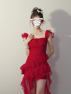 2024夏季不规则前短后长方，领法式红色玫瑰吊带拖尾连衣裙女