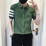 高级感绿色POLO衫男潮牌冰丝条纹针织衫2023夏季男士短袖T恤