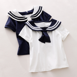 女童短袖t恤纯棉儿童海军风，上衣女宝宝全棉，半袖衫2023体恤衫