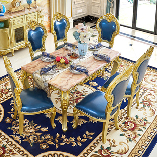 欧式大理石餐桌椅组合全实木，雕花方桌别墅小户型家用长方形吃饭桌