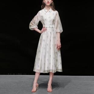 白色雪纺长裙气质衬衫，裙子七分袖中长款碎花，连衣裙女2022春装