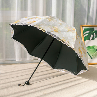 深拱形太阳伞防晒防紫外线双层蕾丝小清新黑胶，折叠晴雨两用遮阳伞