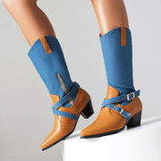 大码秋冬季女鞋蓝色牛仔布，拼接交叉皮带扣粗高跟，不过膝长筒靴