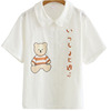 日系软妹学院风童趣可爱小熊日文字母印花娃娃领纯棉短袖白衬衫女