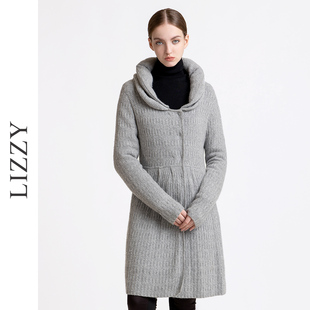lizzy时尚复古优雅柔软针织，可脱卸领夹棉双排扣大衣外套秋冬女