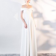 晚礼服女宴会一字肩气质优雅韩式白色平时可穿长款简单大方连衣裙