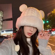 韩版卡通小熊耳朵毛绒绒帽子女秋冬季加厚保暖甜美可爱针织毛线帽