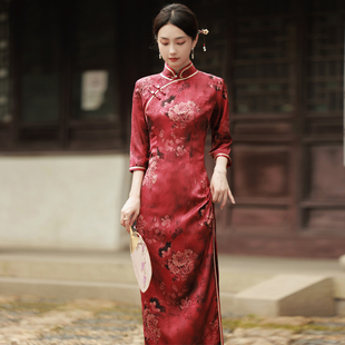 老上海长旗袍2024年夏季中国风，复古气质名媛长袖改良版连衣裙