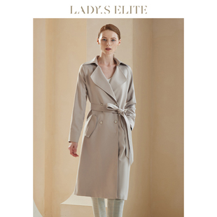 ladyselite慕裁灰色风衣女2023春夏双排扣插肩袖系带长款外套