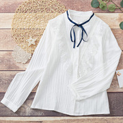 法式复古立领纯棉白衬衫女设计感小众宫廷风系带蕾丝拼接长袖上衣