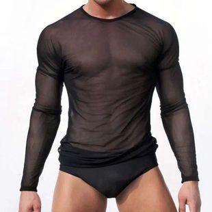 性感超薄透明网纱男士长袖T恤弹力紧身清凉透气家居运动塑身睡衣
