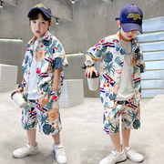 男童夏季韩版帅气休闲椰树衬衫短袖套装夏天中大儿童满印薄款衣服