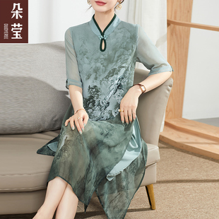 妈妈夏装中国风，中长款连衣裙中年女大码中老年质，改良旗袍裙子