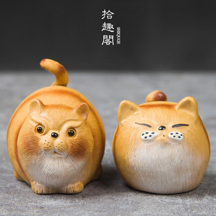 手工陶瓷茶宠紫砂可爱小猫，摆件茶玩段泥，茶道可养吉祥物猫咪