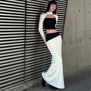 名媛气质高个子(高个子)设计感黑色拼色套装女高级感挂脖上衣显瘦半身长裙