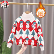 史努比女童高领套头卡通圣诞女宝宝冬季加绒加厚针织打底韩版毛衣