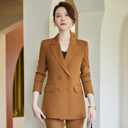 韩版气质咖啡色西装外套女秋冬高端职业装气质双排扣西服套装