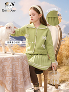 女童绿色针织套装2023冬季童装花朵开衫毛衣外套半身裙两件套