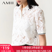 Amii白色Polo领蕾丝短袖t恤女夏季2024年正肩上衣体恤半袖