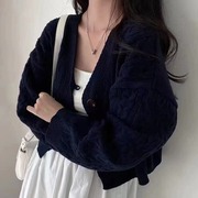 韩国chic秋冬复古V领麻花纹设计长袖短款针织开衫毛衣外套女