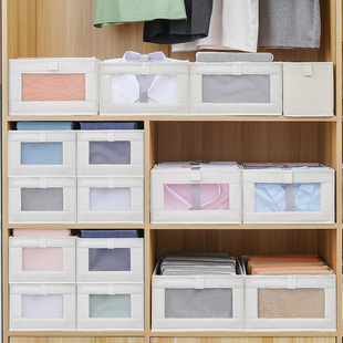日式大号可视窗棉麻收纳盒装衣服衣物整理箱布艺收纳箱家用收纳