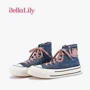 bellalily2023早秋牛仔布撞色高帮鞋女流行帆布鞋减龄板鞋潮