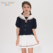 Polo sport女童短袖衬衫2023夏季儿童海军领蝴蝶结上衣衬衫