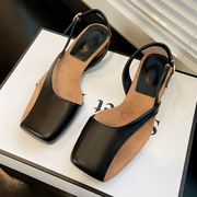 2024年夏季欧美小众设计镂空复古半包头凉鞋女时尚粗低跟搭扣女鞋