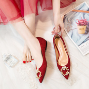 红色婚纱鞋2023新娘鞋礼服中式水晶鞋孕妇伴娘秀禾平底单鞋女