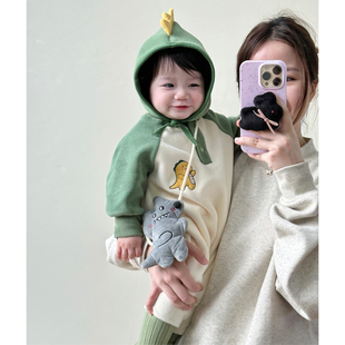 韩版秋冬装婴儿奥丽绒恐龙造型连帽连体衣男女宝宝保暖爬服外出服