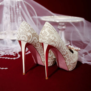 珍珠串蕾丝婚鞋女新娘鞋12cm防水台超高跟走秀单鞋公主水晶婚纱鞋