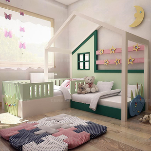 小房子单层床沙发床组合床可定制儿童床实木带护栏星星男孩女孩床