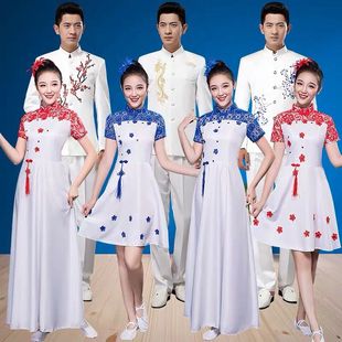 男女成人大合唱演出服装青花瓷学生中国风古筝二胡朗诵表演服长裙